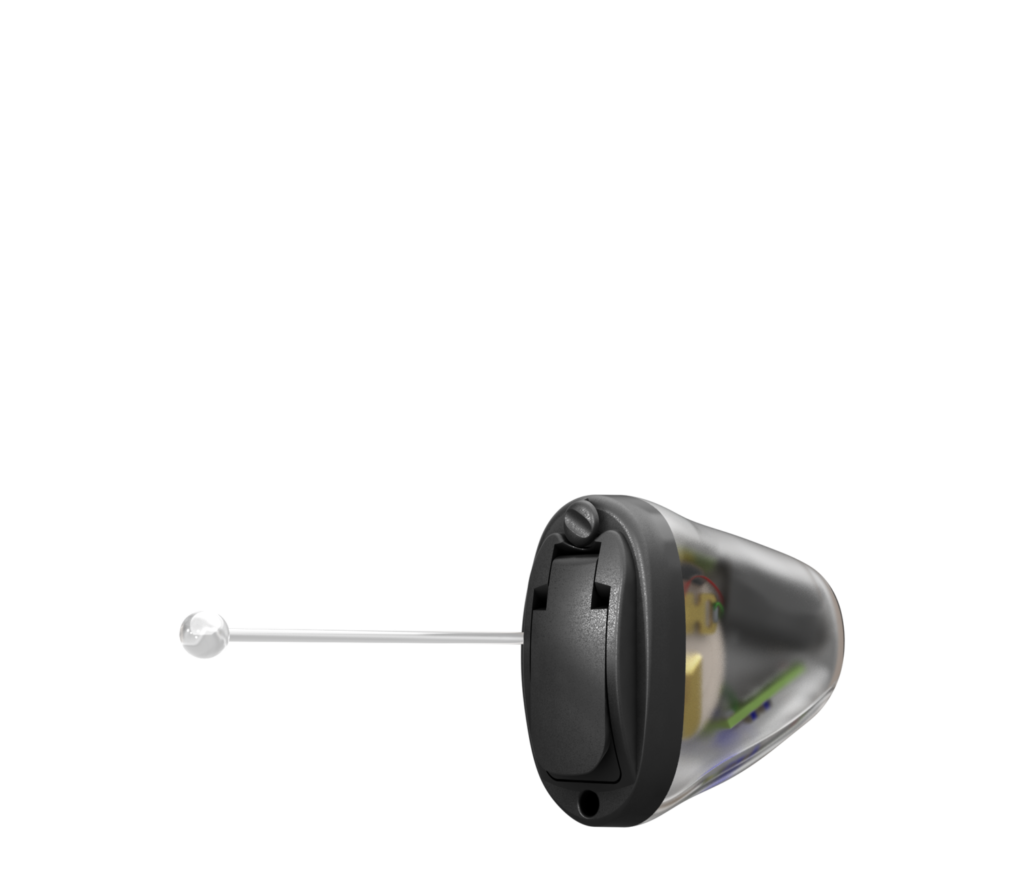 Oticon_Opn_IIC_R_TranspShell_C005BlackFP_Bat10_Angled_500pctSize_TIF (1)